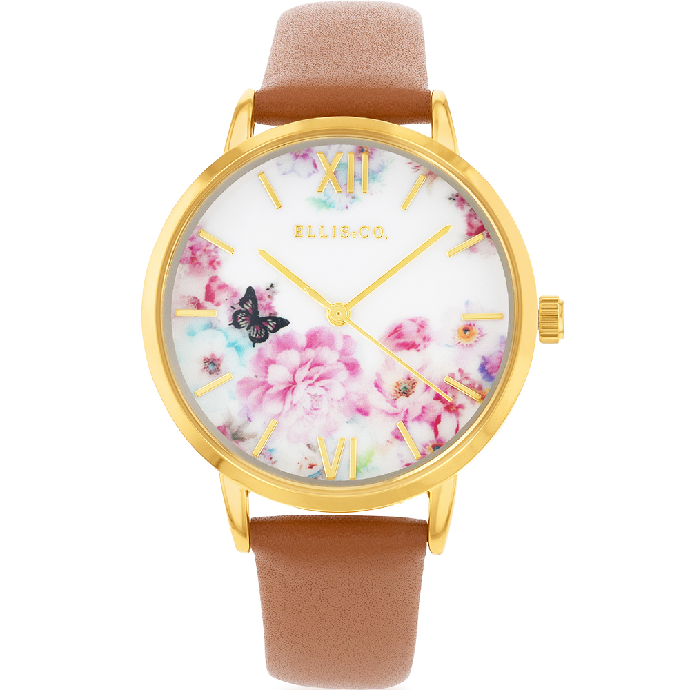 Ellis & Co Gold Tone Floral Womens Watch
